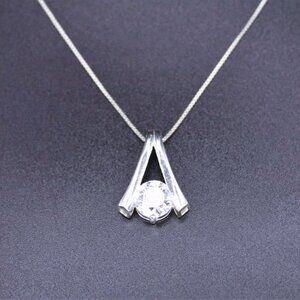 925 Sterling Silver Signed C Cubic Zirconia Large Pendant Necklace